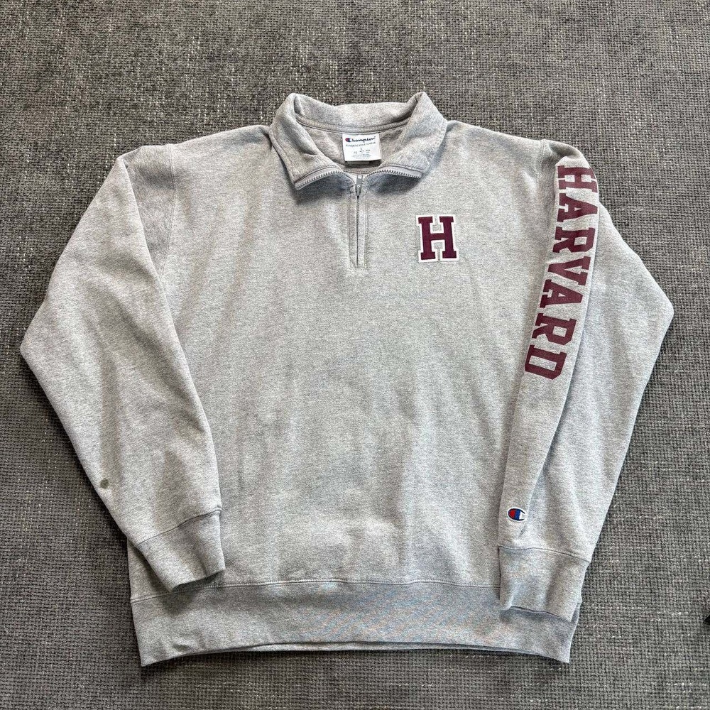 Champion Harvard Quarter Zip Sweatshirt Mens XL Gray Collegiate Sleeve Graphic